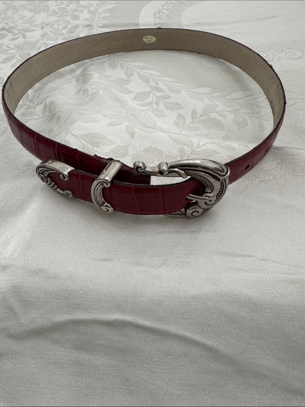 Women's Red Croc-Embossed leather Belt with Decorative Silver tone Buckle (mlb)
